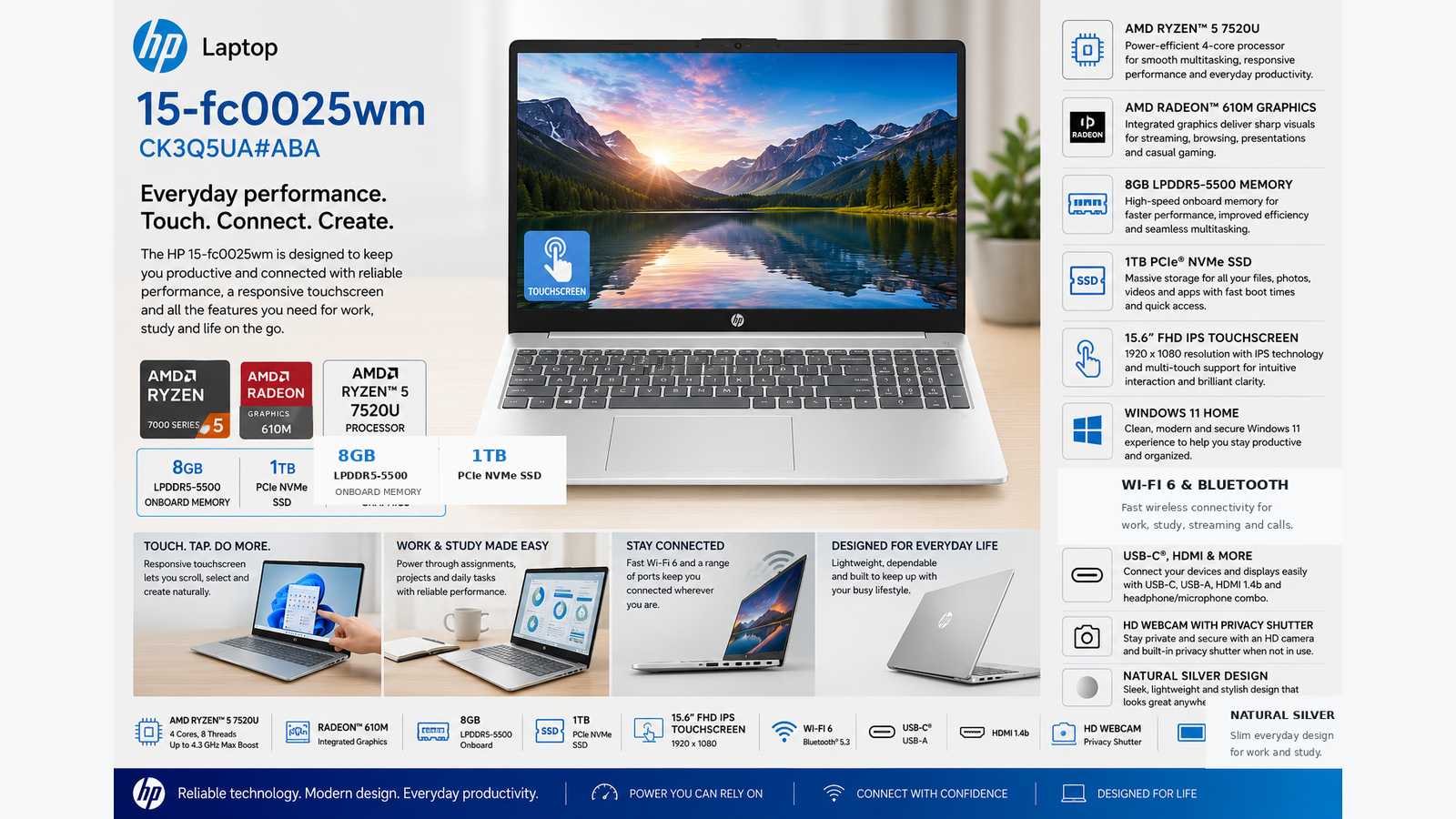HP Laptop 15-fc0025wm, AMD Ryzen 5 7520U, 8GB LPDDR5-5500, 1TB PCIe NVMe SSD, 15.6-inch FHD IPS Touchscreen, Radeon 610M, Wi-Fi 6, Windows 11 Home, Natural Silver, English Keyboard | CK3Q5UA#ABA
